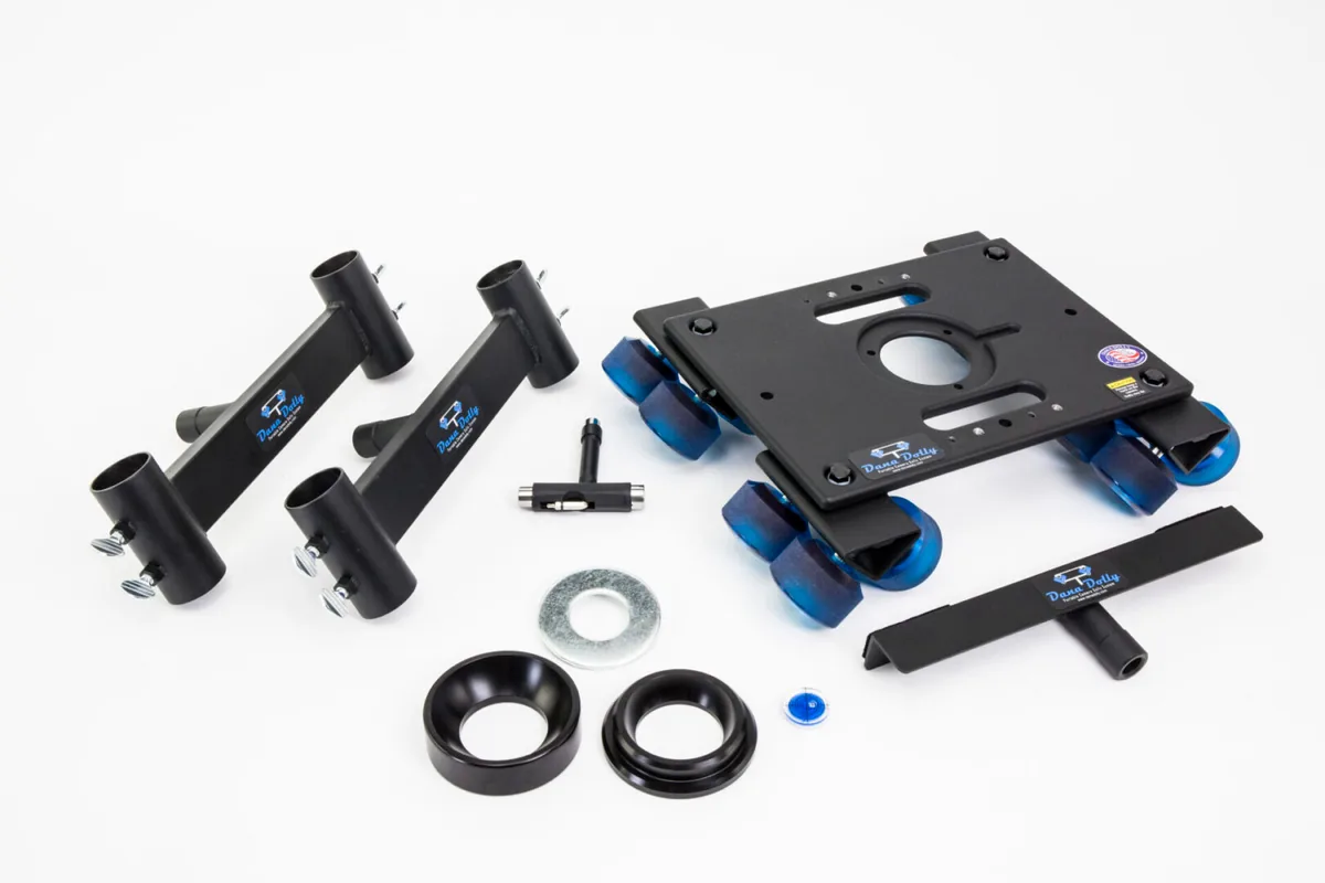 Dana Dolly Original platform with blue wheels, track brackets and bowl adapters