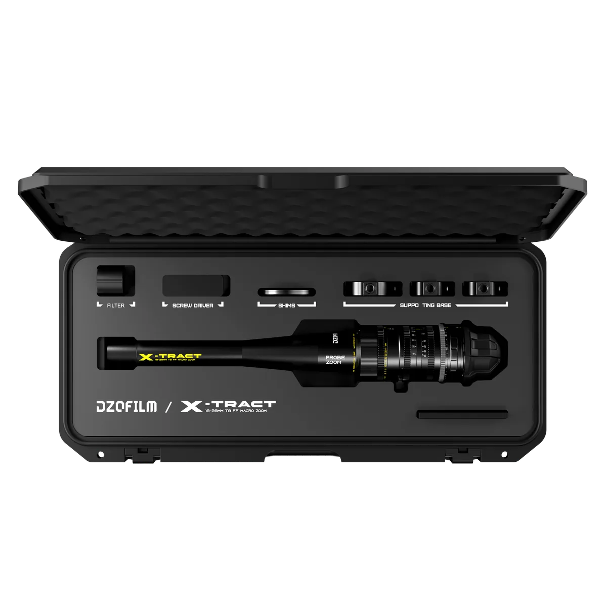 DZOFILM X-tract 18–28mm T8 0° straight probe lens shown in a fitted case