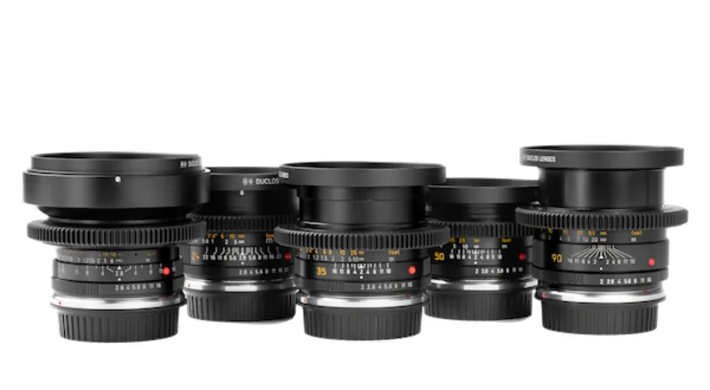 Five Leica R lenses with Duclos cine modifications, including focus gears and front rings