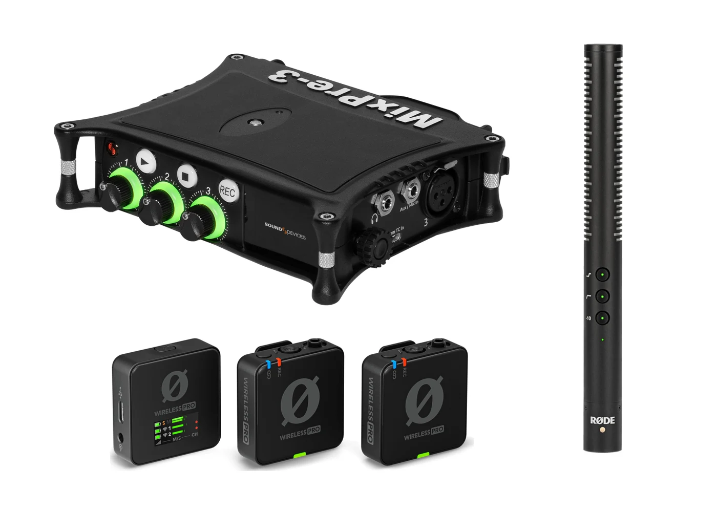 Sound Devices MixPre-3 II recorder, RØDE NTG4 shotgun microphone and Wireless PRO receiver and two transmitters