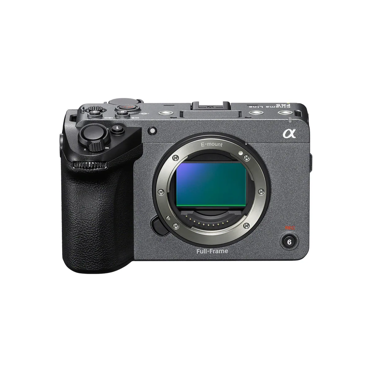 Sony FX5 full-frame camera body, front three-quarter view